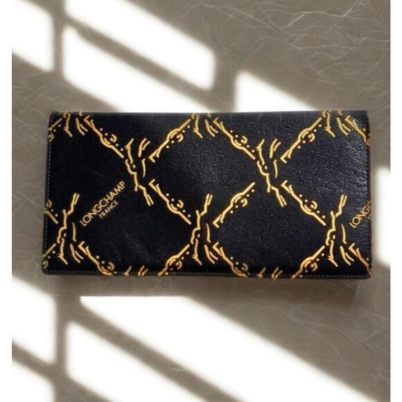 Longchamp Paris Black Leather Gold Horse Print Checkbook Wallet France Vintage - Picture 8 of 8